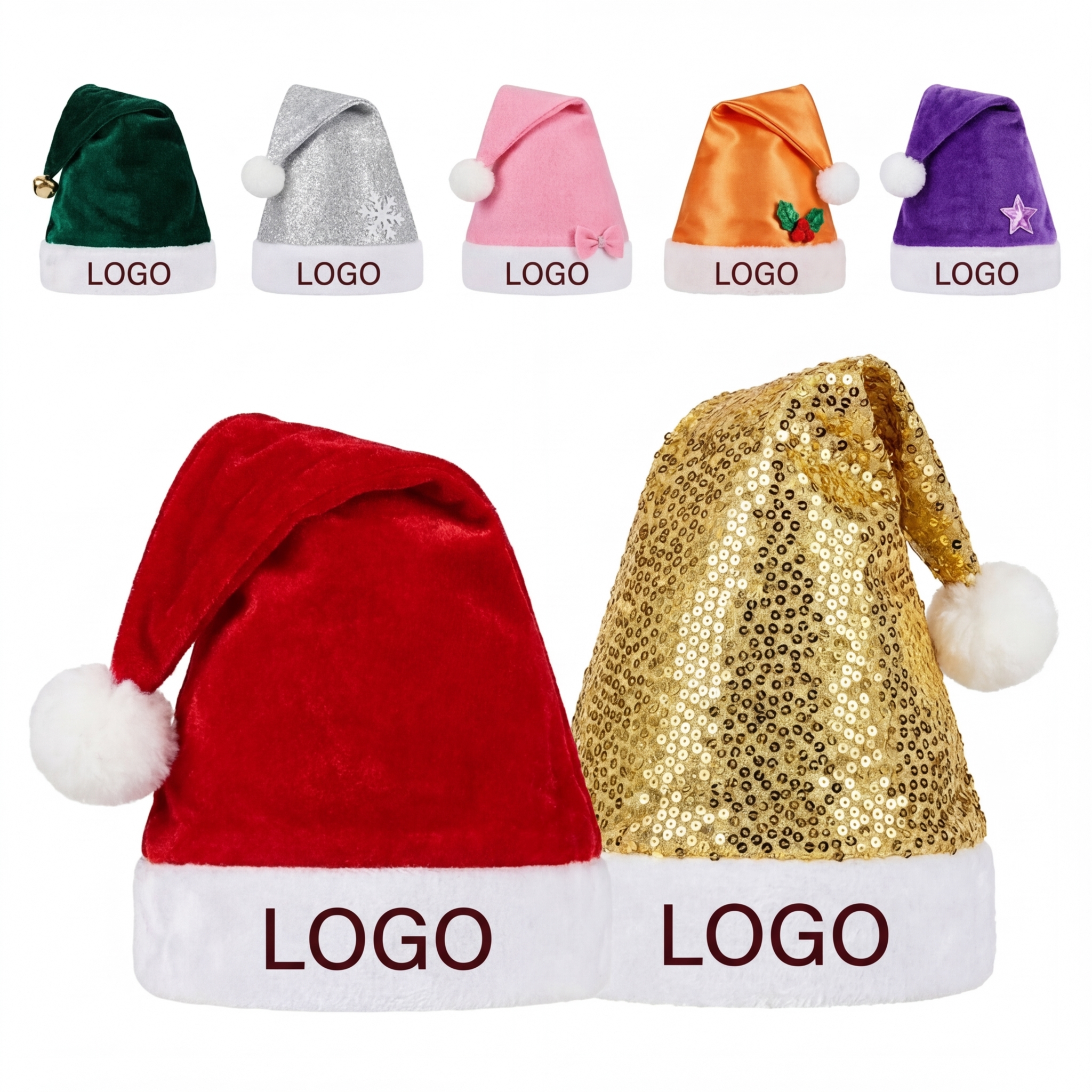 Assorted Festive Santa Hats with Decorative Accents