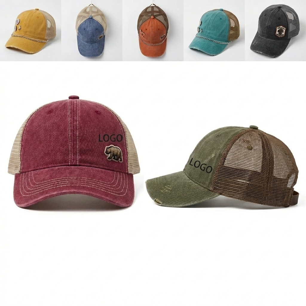 Low-Profile 6-Panel Cotton Cap with Frayed Visor, Mesh Vents, and Snapback Adjustment